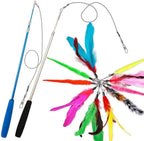 Cat Toys Feather Toy, 2PCS Retractable Wand and 10PCS Replacement Teaser with Bell Refills, Interactive Catcher and Funny Exercise for Kitten.