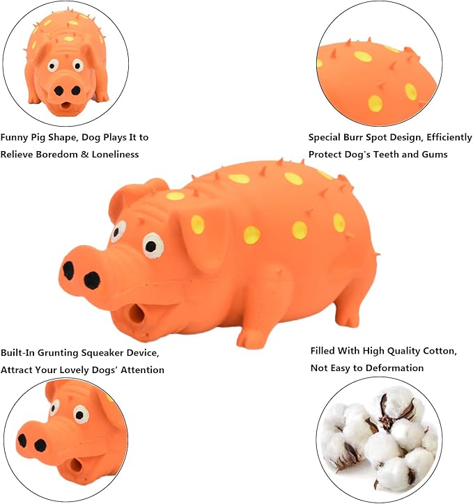 Pig Squeaky Dog Toy, 2 PCS Interactive Rubber Dog Chew Toy - Durable Latex Spot Grunting Pig Toys That Oink for Small Medium Large Dogs (Orange, Yellow)
