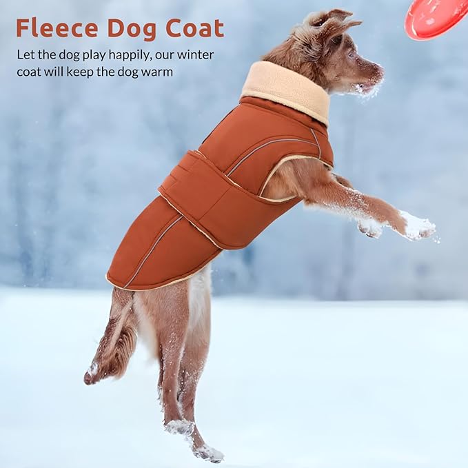 ASENKU Warm Dog Coat, Waterproof Dog Jackets for Large Dogs with Reflective Fleece Vest Turtleneck with Button,Windproof Cold Weather Coats for Small Medium Large Dogs, Red Brown, 2XL