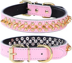Adjustable Genuine Leather Spiked Studded Dog Collars for Small Medium Large Pets Like Pit Bull Bulldog Pugs Husky (S, Pink2)