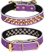 Adjustable Genuine Leather Spiked Studded Dog Collars for Small Medium Large Pets Like Pit Bull Bulldog Pugs Husky (M, Purple2)