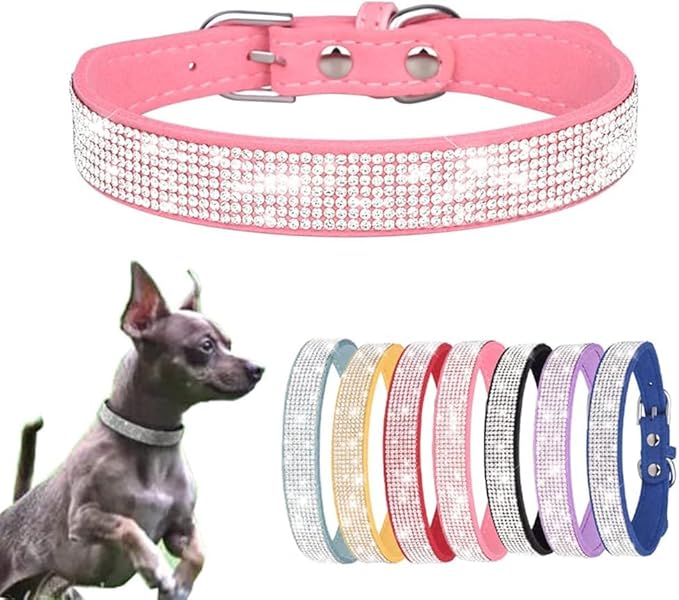 Serijoars Small Dog Collar with Rhinestone Crystal Diamond Colorful Bling Girl Puppy Cat Collars (M, Pink)