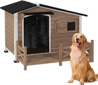 Dog House for Outdoor Use with Matel Frame, Waterproof Design- All-Weather Wooden Kennel with Sliding Window & Metal Frame (Brown, L)
