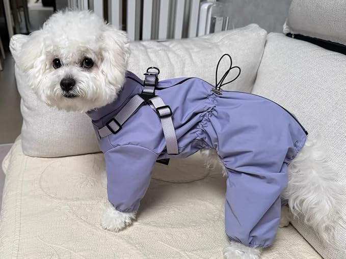 Mile High Life Waterproof Dog Raincoat, Full Coverage Small Dog Rain Coat with Harness, Adjustable 4 Legs Puppy Rain Jacket with Reflective Strip and Elastic Cuffs (Purple, S Back Length 13")