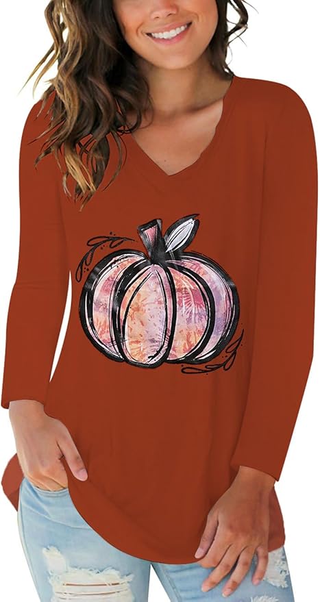 Tobrief Women's Long Sleeve V-Neck Shirts Fall Graphic Tees Loose Casual T-Shirt