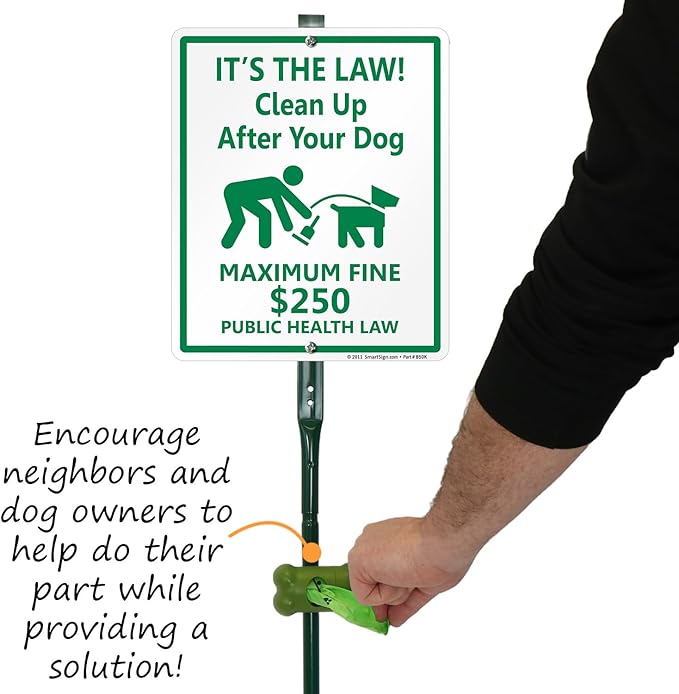 SmartSign It’s Law Clean Up After Your Dog Maximum Fine $250 Yard Sign & Clip-On Preloaded Dispenser Combo/Kit with 135 Dog Poop Waste Bags, 10"x12" Rust-proof Aluminum Sign with 3ft Steel Stake