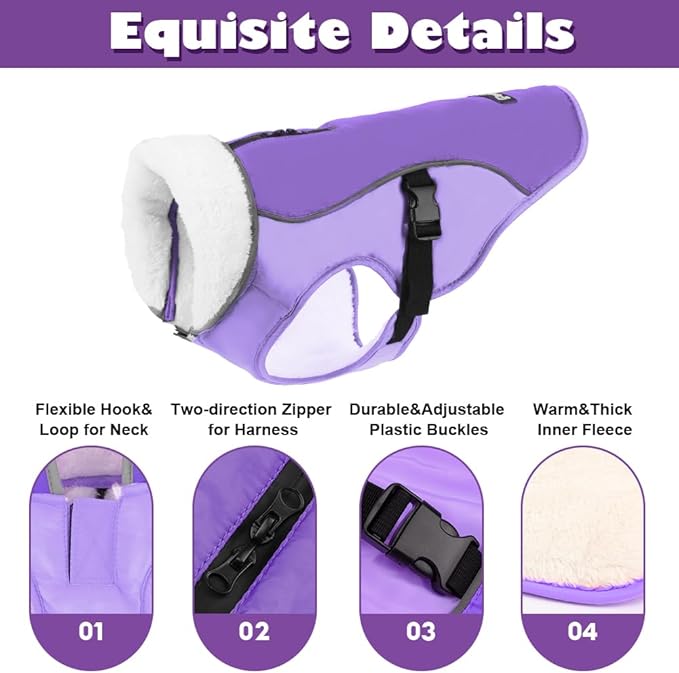 EMUST Dog Coat for Winter, Cozy Winter Jackets for Small/Medium/Large Dogs, Solid Color Dog Apparel for Cold Weather with Fleece Lining,New Purple, XXXL