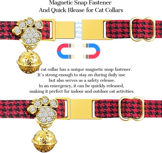 Personalized Breakaway Cat Collars - Magnetic Buckle, Bell - Safety Quick Release, Customized for Girls & Boys Cats- (Houndstooth-Red)
