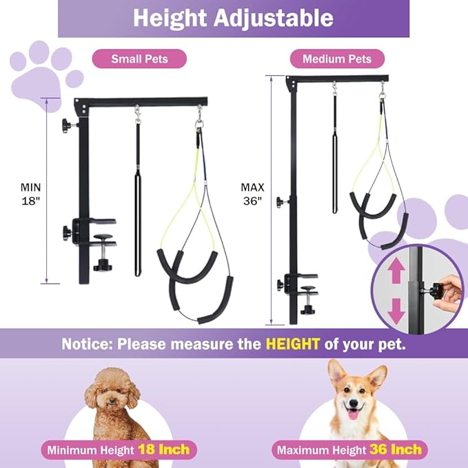 Dog Grooming Arm with Clamp, Heavy Duty Pet Grooming Table Arm with Grooming Hammock, Loop Noose & Two No-Sit Haunch Holder, 36" Height Adjustable for Medium & Small Pets, Black