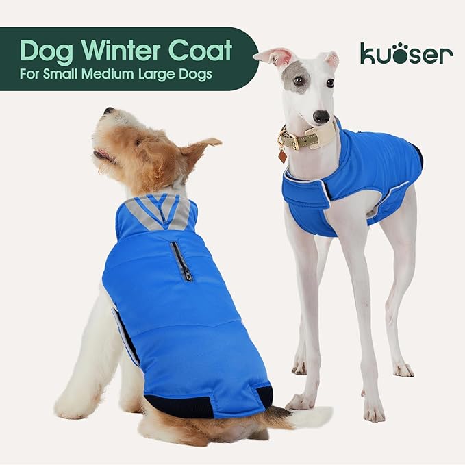 Kuoser Dog Coat Large, Cold Weather Reflective Waterproof Dogs Jacket with Warm Fleece Lining, Turtleneck Dog Winter Coat with Zipper, Doggy Snow Jacket Pet Coats for Small Medium Large Dogs, Blue L