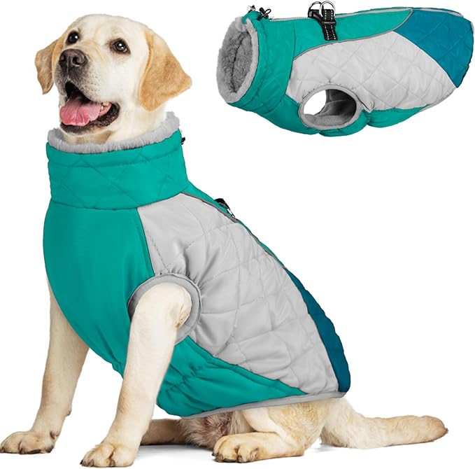 AOFITEE Dog Coat, Warm Dog Jacket, Reflective Dogs Winter Coat with Harness Built in and Fleece Lined, Waterproof Pet Winter Jacket Snowsuit for Small Medium Large Dogs, Green L