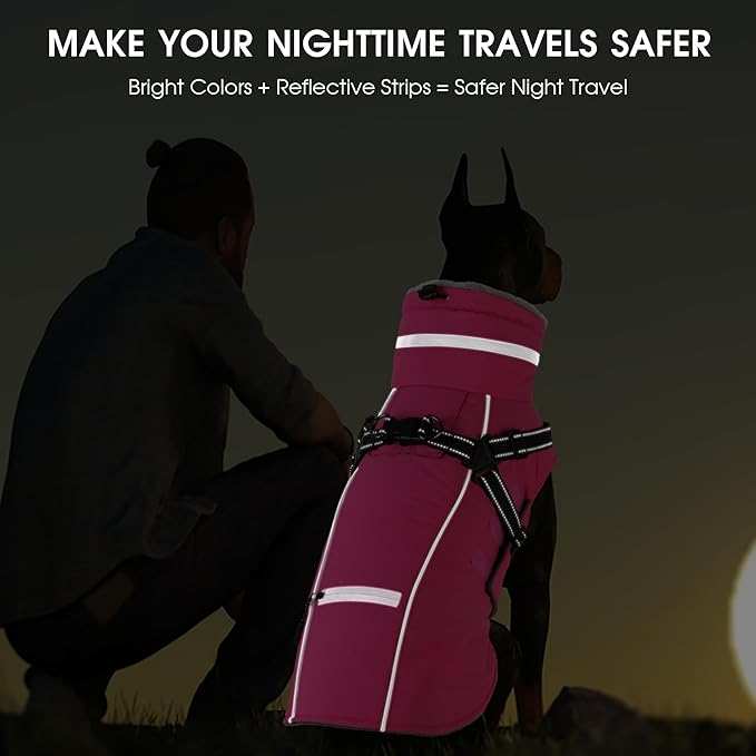 PETDSH Dog Coat Large, Built-in Harness Dog Jacket with Warm Fleece Lining, Waterproof Reflective Dogs Winter Coat, Pet Coats with Pocket and Trash Bags (Pink, XX-Large)