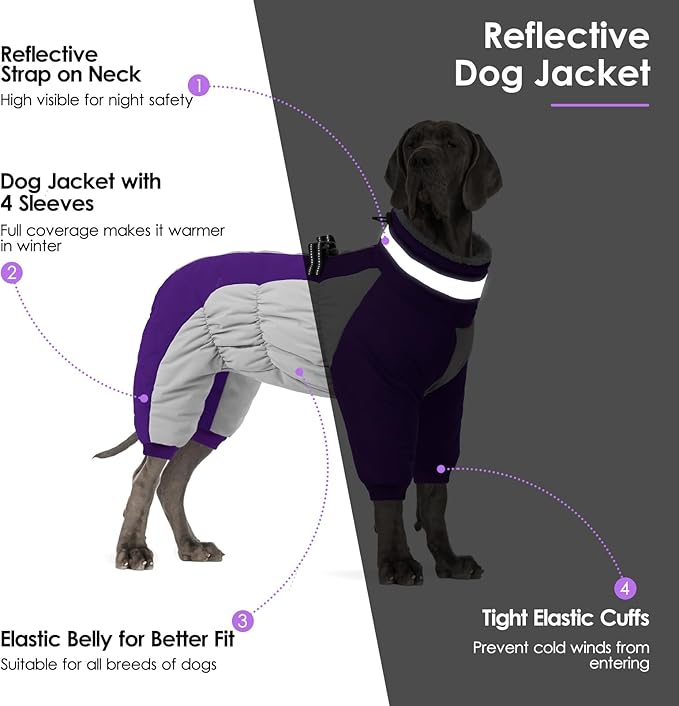 SUNFURA Full Body Dog Coat - Warm Fleece Jacket for Extra Large Dogs, Turtleneck Winter Coats with Harness, Reflective Dog Snowsuit Windproof Puffer Jackets with Legs for Great Dane, Purple 3XL
