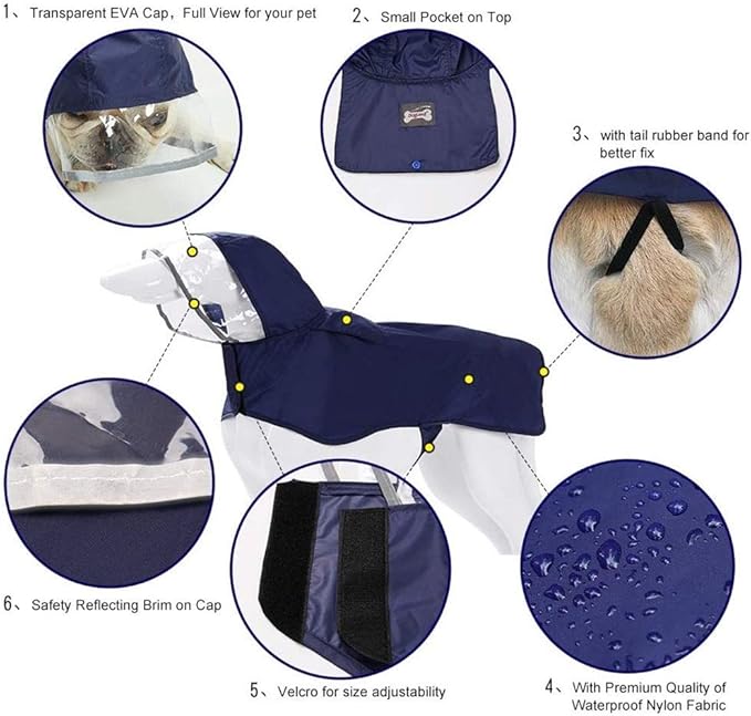 Pet Raincoat Packable Hooded Dog Rain Jacket Reflective Strips Lightweight Adjustable Poncho for Small Medium Large Dogs Blue XS