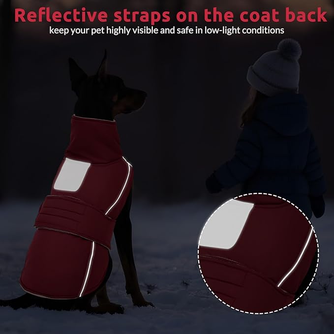 ASENKU Warm Dog Coat, Waterproof Dog Jackets for Large Dogs with Reflective Fleece Vest Turtleneck with Button,Windproof Cold Weather Coats for Small Medium Large Dogs, Dark Red, 2XL