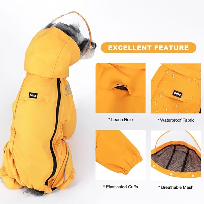 PINA Dog Raincoat - Waterproof Dog Jacket with Hood, Lightweight with Leash Hole, Poncho with Reflective Strap and Pocket for Wet Weather, Full Wrap Design for Full Protection