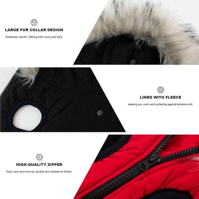 PINA Winter Coat for Dogs - Waterproof Jacket with Faux Fur Hood, Reflective Strap - Red, 2XL