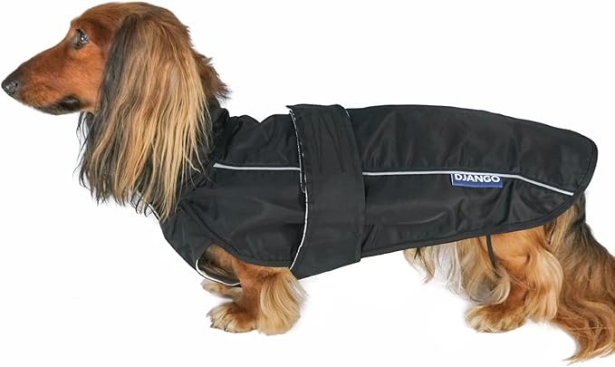 DJANGO Dog Jacket & Raincoat – Lightweight Water-Resistant Coat for Small, Medium & Long Dogs Like Dachshunds – Reflective, Adjustable Fit, Harness-Compatible & Easy-Access Harness Hole - Black, Large