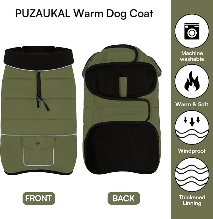 Dog Coat, Small Dog Jacket, Windproof Dogs Puffer Jacket, Fleece Lined Warm Dogs Winter Coat with Harness Hole (Army Green M)