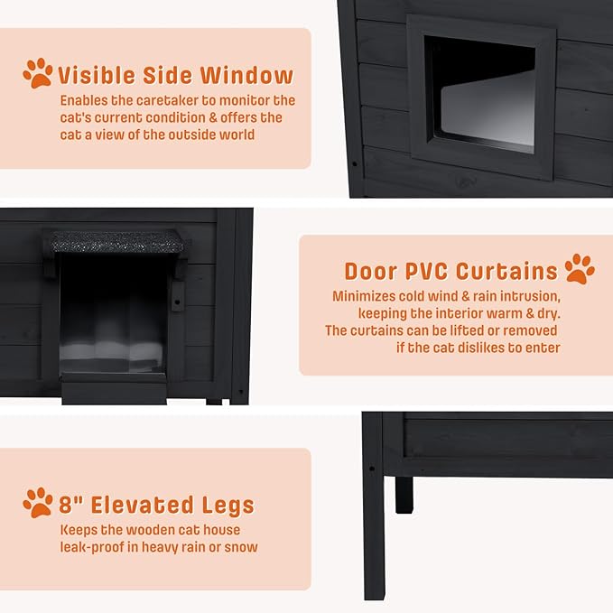 BRIOPAWS Outdoor-Cat-House-Insulated | Feral-Cat-Shelter for Winter | Weatherproof | Large Wooden Pet House for Multiple Cats | Foldable Ladder | Acrylic Side Window | Black
