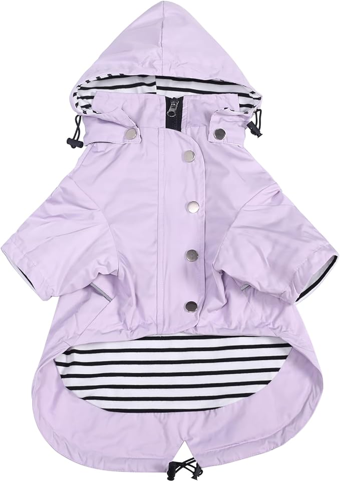 Morezi Dog Zip Up Raincoat with Reflective Buttons, Rain/Water Resistant, Adjustable Drawstring, Removable Hood, Raincoats with Legs 8lbs to 80lbs Available - Purple - L