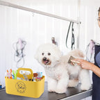 Dog Storage Organizer for Grooming Supplies,Portable Caddy Organizer for Pet Stuff,Divided Storage Bin for Dog Cat Grooming Kit,Dog Stuff Organizer with Handle for Shampoo,Clipper,Comb-Yeloow
