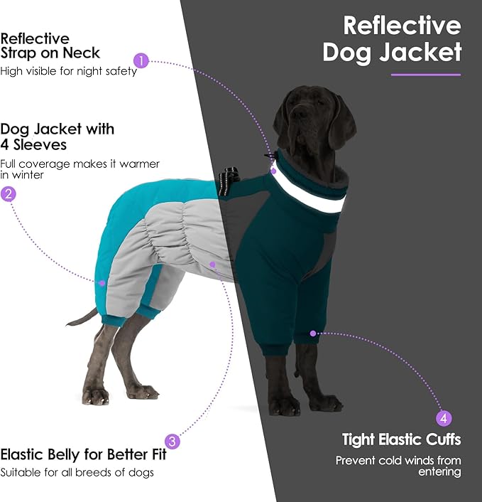 SUNFURA Full Body Dog Coat - Warm Fleece Jacket for Small Dogs, Turtleneck Winter Coats with Harness, Reflective Dog Snowsuit Windproof Puffer Jackets with Legs for Chihuahua, Yorkie, Turquoise XS