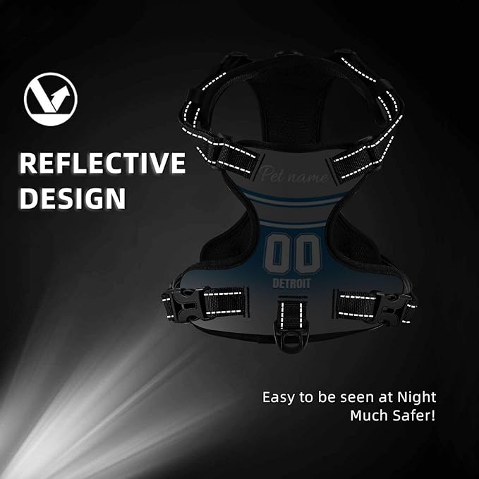 Custom Detroit Dog Harness with Reflective Stripes Personalized Name and Number Dog Vest Harness with Pet Traction Rope for Small Medium Large Dog