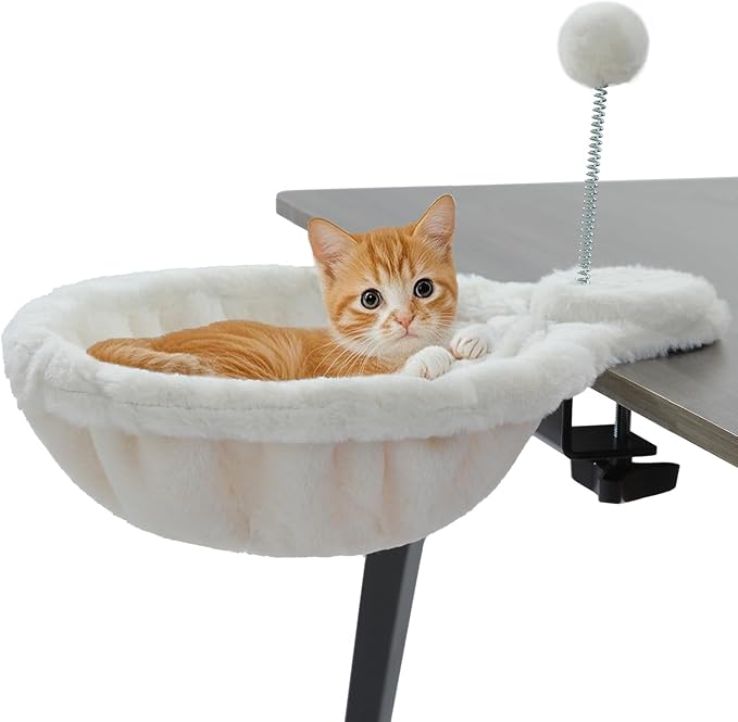 PAWZ Road Cat Bed for Desk, Large Cats Hammock with Plush Ball，12 Inches in Diameter,Space-Saving Cat Desk Bed, White Cats Hammock for Table Supports Up to 40lbs, Medium