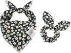 E-Clover Dog Bandanas & Matching Scrunchie Set Girl Dog Scarf Bibs with Bow Scrunchie for Small Dogs Puppy Pet Owner Gifts Flower Black