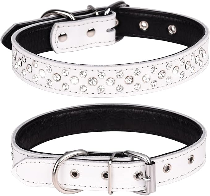 Rhinestones Dog Collar, Adjustable Sparkly Crystal Studded Genuine Leather Pet Dog Collar for Small and Medium Dogs (S, White)