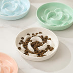 Ceramic Cat Slow Feeder Bowl - Pastel Series Cat Plate for Dry and Wet Food - Cute Maze Feeder Dish for Healthy Eating - Dishwasher Safe - 6.3''W x 1.2''H - 7 OZ - Ivory White