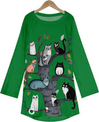 Womens Tunic Shirt Cute Cat Print Long Sleeve Round Neck Women T Shirts Cotton Casual Plus Size Vacation Tunics Tops