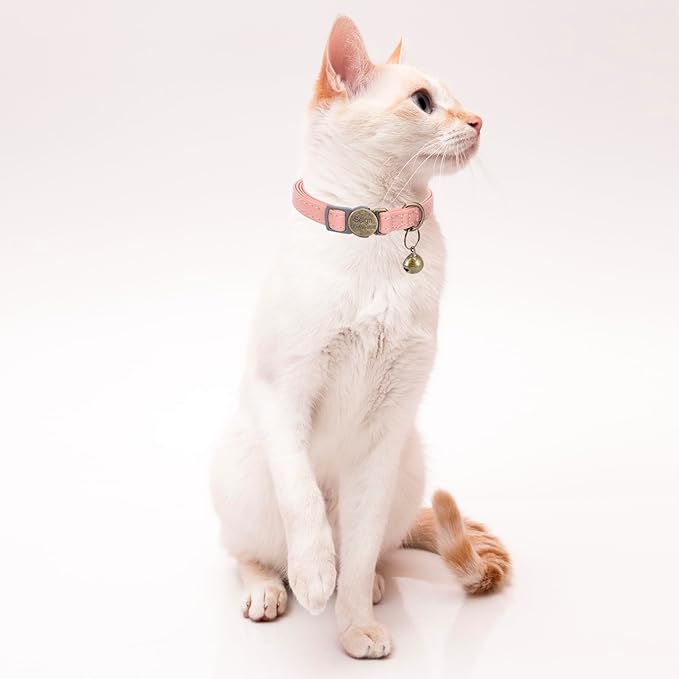 Cat Collar Breakaway, Personalized Leather Cat Collar with Bells-Adjustable Customized Collar with Name & Phone Number Tag for Girl Boy Cats -Quick Release Buckle for Cats & Kittens (Pink)