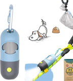 Dog Poop Bag Holder Dispenser with LED Flashlight - Night Visibility for Safe Evening Walks | Upgraded Hands-Free Leash Clip | Includes 15 Dog Waste Bags(Blue)