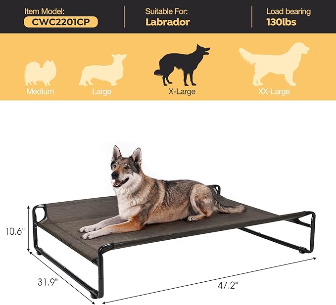 Veehoo Original Outdoor Elevated Dog Bed, Cooling Raised Dog Cot for Large Dogs, Portable Standing Pet Hammock Platform with Washable Breathable Mesh, No-Slip Feet, X-Large, Brown, CWC2201