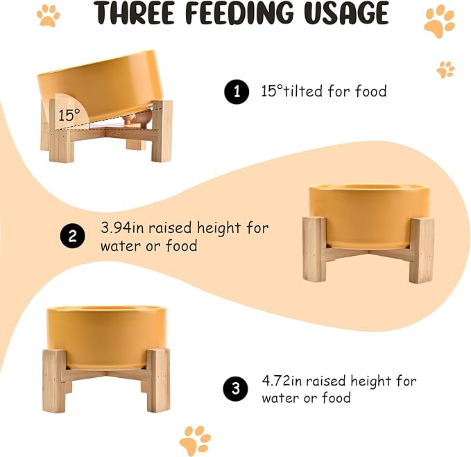 SPUNKYJUNKY 15° Slanted Ceramic Dog and Cat Bowl with Wooden Stand, Tilted Bulldog Food and Water Bowl No Slip Non-Spill for Cats Medium Dogs Big Face Pets 28.7 OZ (3.6 Cups, Yellow)