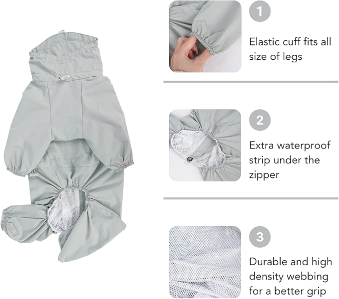 Dog Raincoat, Waterproof Coat, Light Weight & Weather Resistant Shell, Full Coverage Rain Jacket with Legs, Grey, Including Storage Bag, for Small Breed (Small)