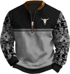 HOTYD Aztec Cowboy Jacket Men Vintage Bullhorn Printed Oversized Western Sweatshirt Long Sleeve Quarter Zip Pullover