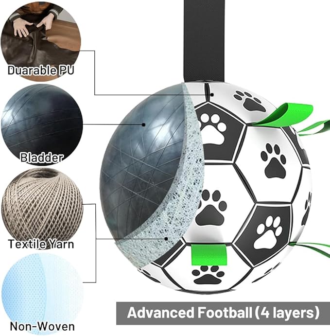 Dog Toys Soccer Ball with Straps, Interactive for Tug of War, Puppy Birthday Gifts, Toy, Water World Cup Durable Balls Small Medium & Large Dogs
