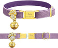 Personalized Breakaway Cat Collars - Magnetic Buckle, Bell - Safety Quick Release, Customized for Girls & Boys Cats- (Velvet-Deep Purple)