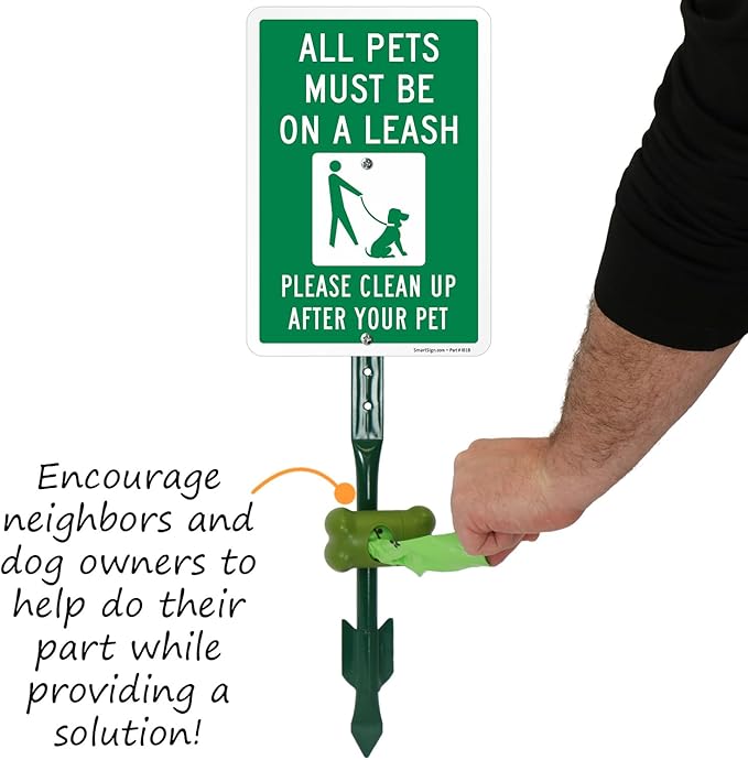 SmartSign All Pets Must Be On A Leash Clean Up After Pet Yard Sign & Clip-On Preloaded Dispenser Combo/Kit with 135 Dog Poop Waste Bags, 7"x10" Rust-proof Aluminum Sign with 18-inch Steel Stake