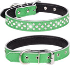 Rhinestones Dog Collar, Adjustable Sparkly Crystal Studded Genuine Leather Pet Dog Collar for Small and Medium Dogs (S, Green)