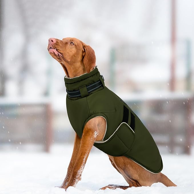 IECOii Big Dog Winter Coat for Giant Breed Dogs Waterproof Dog Jacket with Built in Collar, Reflective Dogs Coat Pet Snow Jacket for Great Dane Saint Bernard, Easy Outdoor Walking, Army Green - 5XL