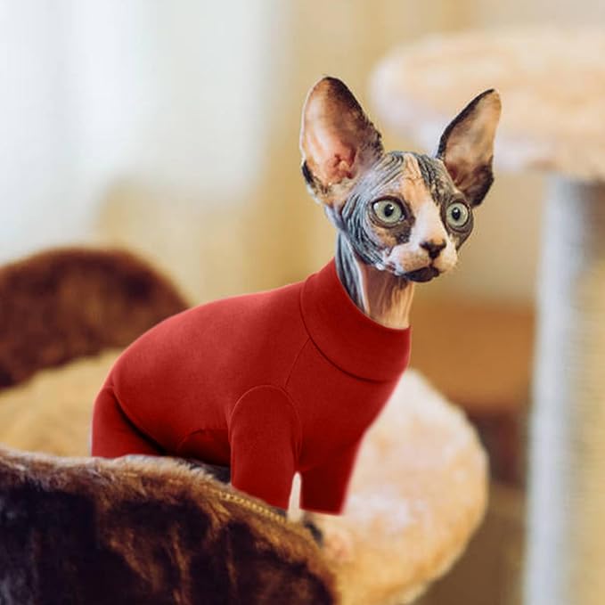 ROZKITCH Hairless Cat Clothes, Breathable Soft Cat Jumpers for Cats Only, Cat Coat with Four Legs, Warm Cat Sweater Cat T-Shirt Cat Pajamas Jumpsuit Vest Cornish Rex Devon Rex Peterbald Red M