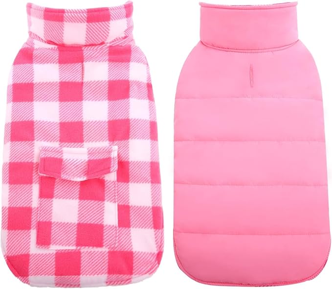 Kuoser Dog Winter Coat, Windproof Dog Fleece Jacket British Style Plaid Cold Weather Doggie Vest Coats, Reversible Cozy Warm Pet Clothes Apparel for Large Size Dogs L