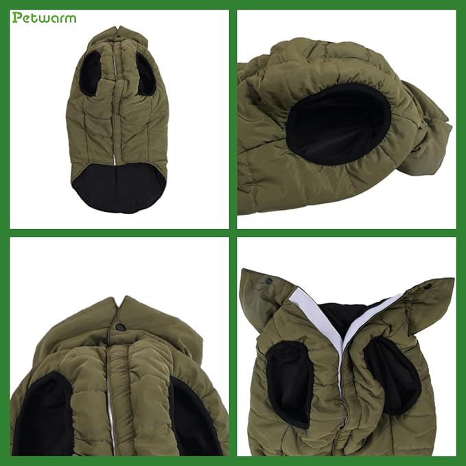 PetWarm Reversible Dog Winter Coat, Windproof Dog Puffer Vest, Soft Vest for Dogs with Hook-and-Loop Strap for Easy Dressing, Waterproof Coat for Dogs with Adjustable Fit, Green, 2XL