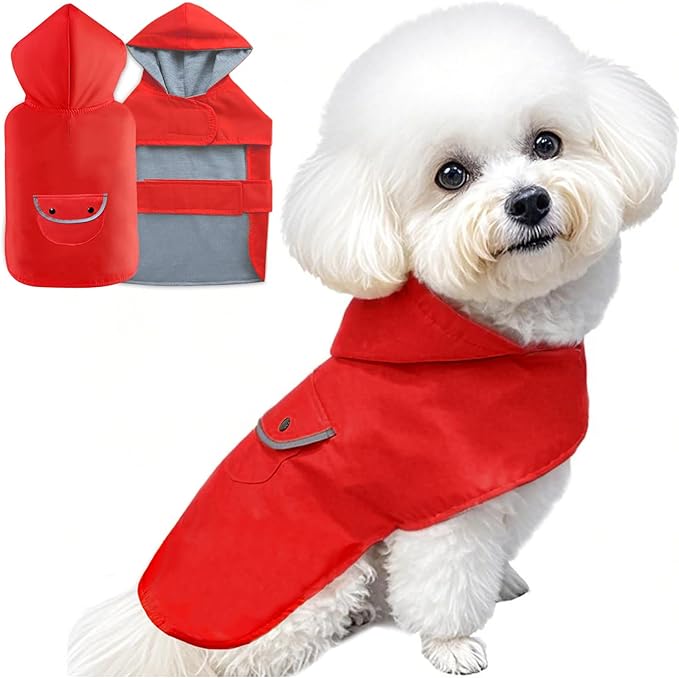 Dog Raincoat Dogs Rain Jacket Reflective Poncho Rainwear Waterproof Pet Clothes Warm Lined Pocket Hooded Leash Hole Adjustable Small Medium Dogs,Red,XL,Back Length 14.0 Inch