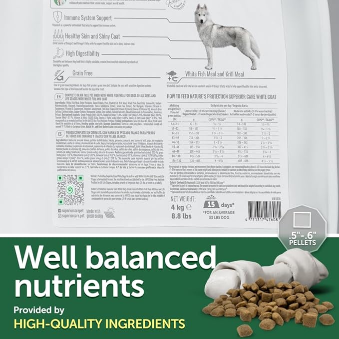 Nature's Protection Dry Dog Food for Puppy & Adult - High Protein, Grain Free Tear Stain Formula - Dog Kibble for Small, Medium & Large Breed with Light Coat (Superior Care - White Fish, 8.8 lb)
