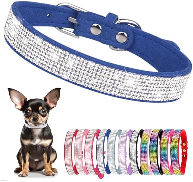 Serijoars Small Dog Collar with Rhinestone Crystal Diamond Colorful Bling Girl Puppy Cat Collars (M, Dark Blue)